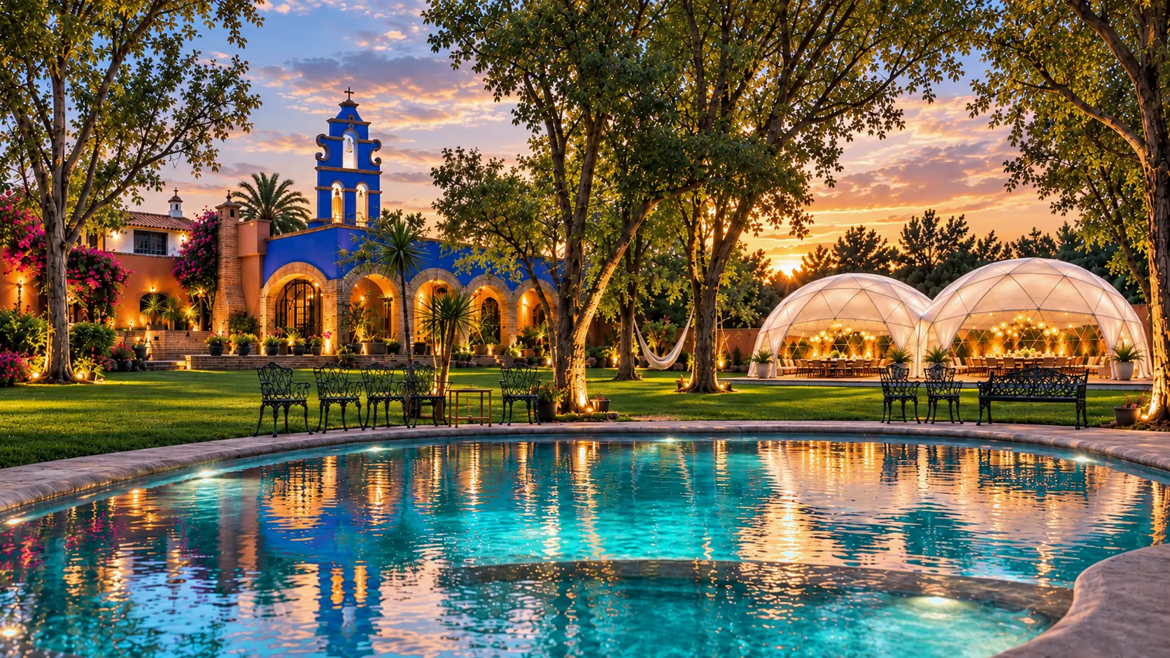 Ilustración de la propiedad colonial al atardecer: alberca turquesa, campanario azul, jardines y el nuevo domo geodésico doble iluminado
