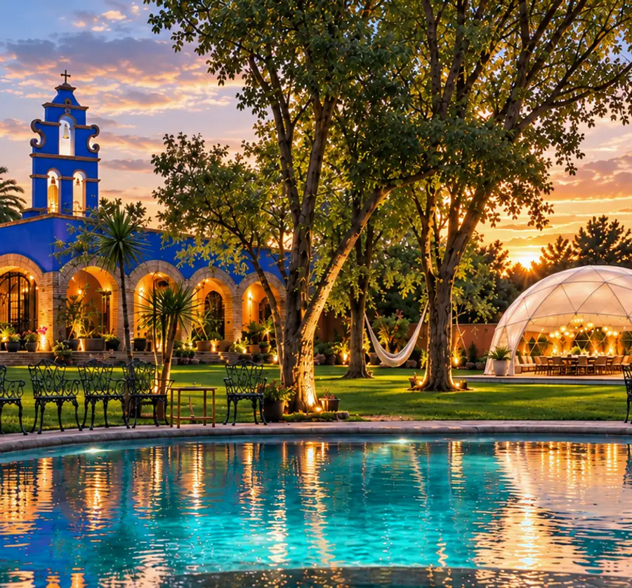 Ilustración de la propiedad colonial al atardecer con campanario azul y el domo geodésico iluminado